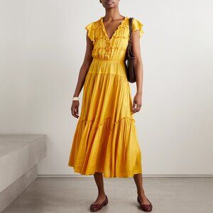 La Ligne Pintucked Ruffled Satin Midi Dress in Marigold Size S